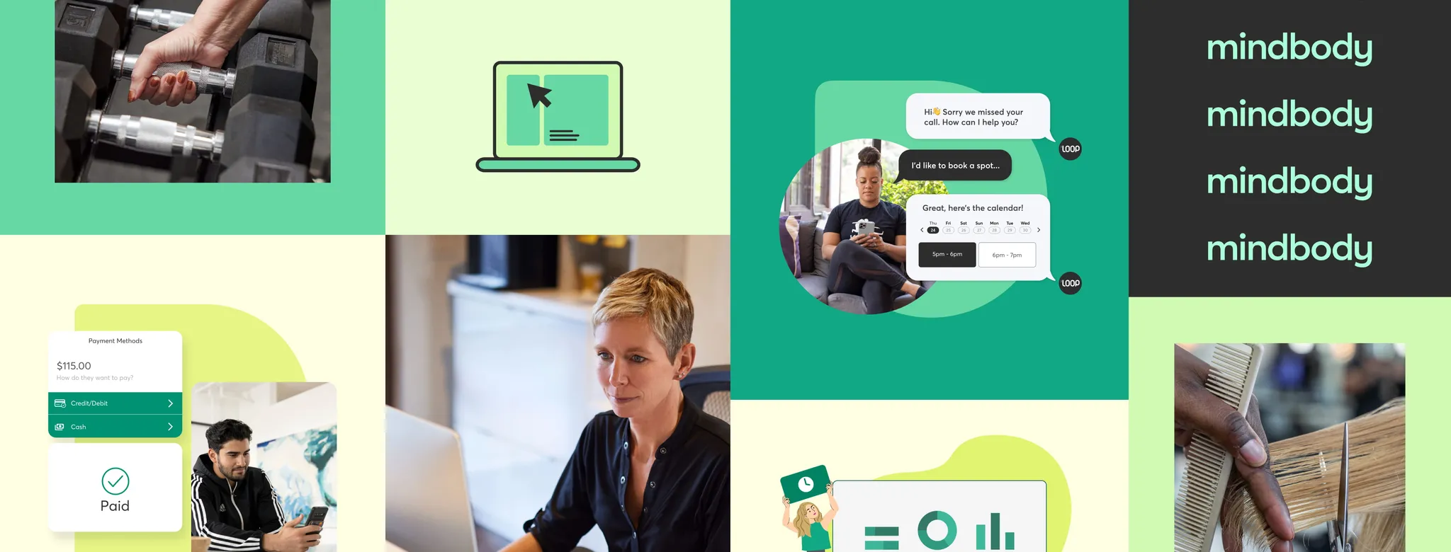 collage of different marketing placements and new green color palette