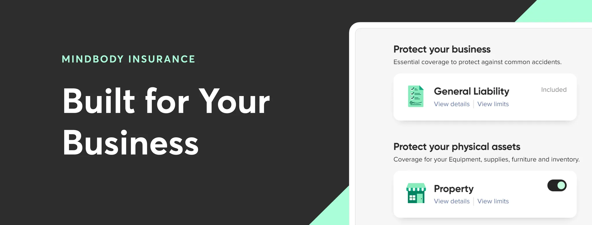 text-based graphic saying "Mindbody Insurance, Built for Your Business" with an image of the interface to get a custom quote 