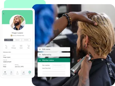 A collage showing Mindbody client management tools and a barbershop business