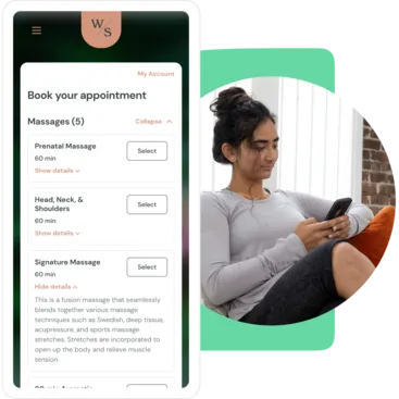 A collage showing Mindbody branded web tools on a mobile device