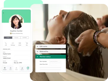A collage showing Mindbody client tools for hair salons