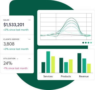 A collage showing Mindbody corporate-level reporting tools