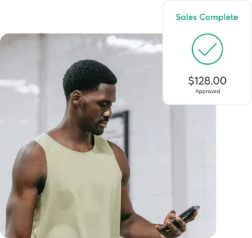 A collage showing a man looking at a Mindbody business app