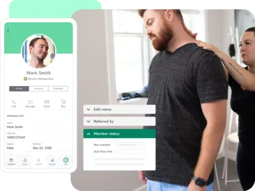 A collage showing Mindbody client tools and a physical therapy business