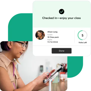 A collage showing the Mindbody Check-in app for Pilates businesses