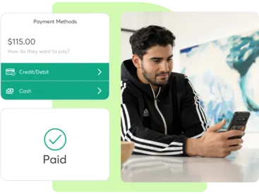 A collage showing payment processing for Pilates businesses